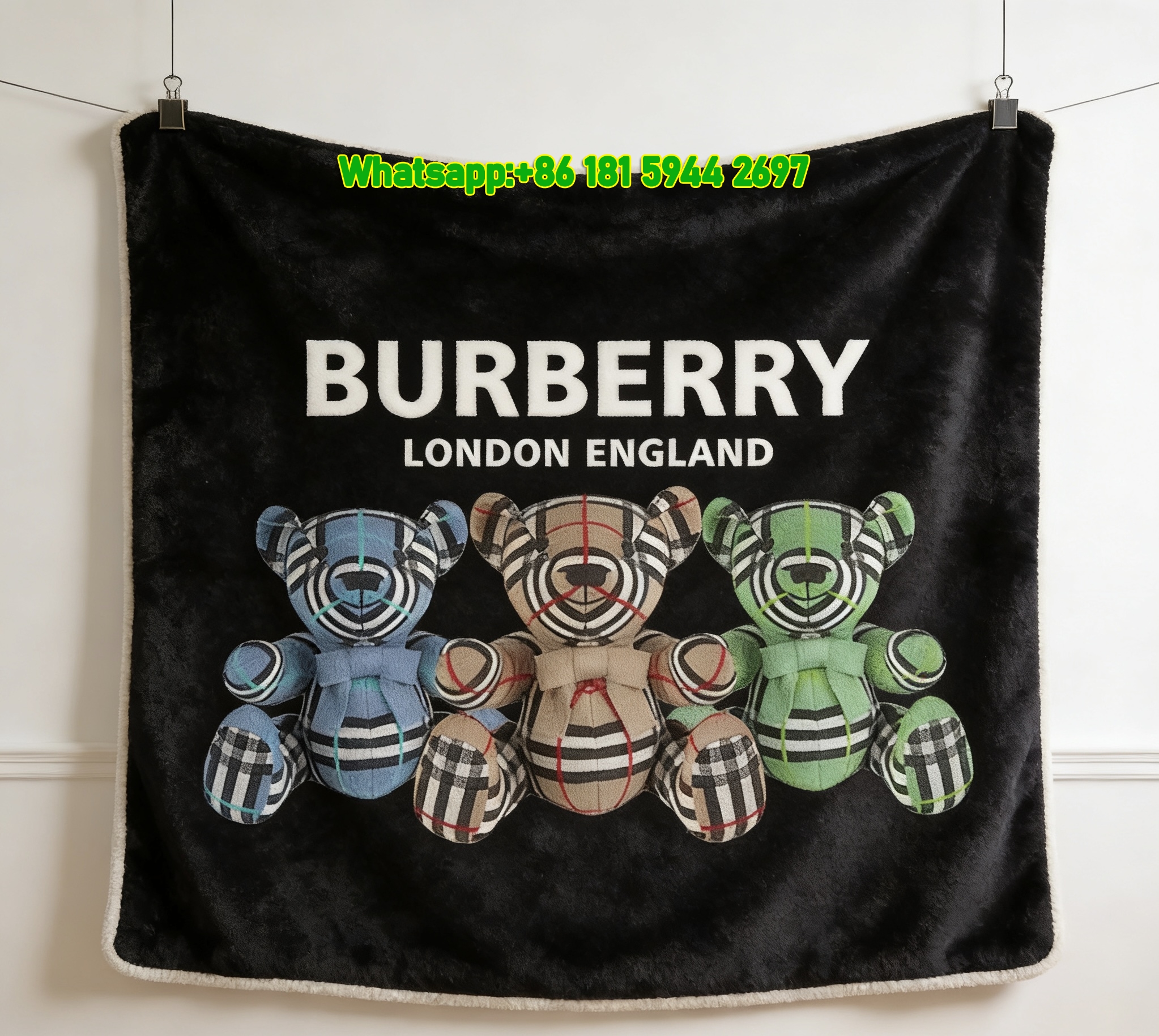 Burberry Check Teddy Bear Flannel Sofa Throw Blanket for Wall Decor B049